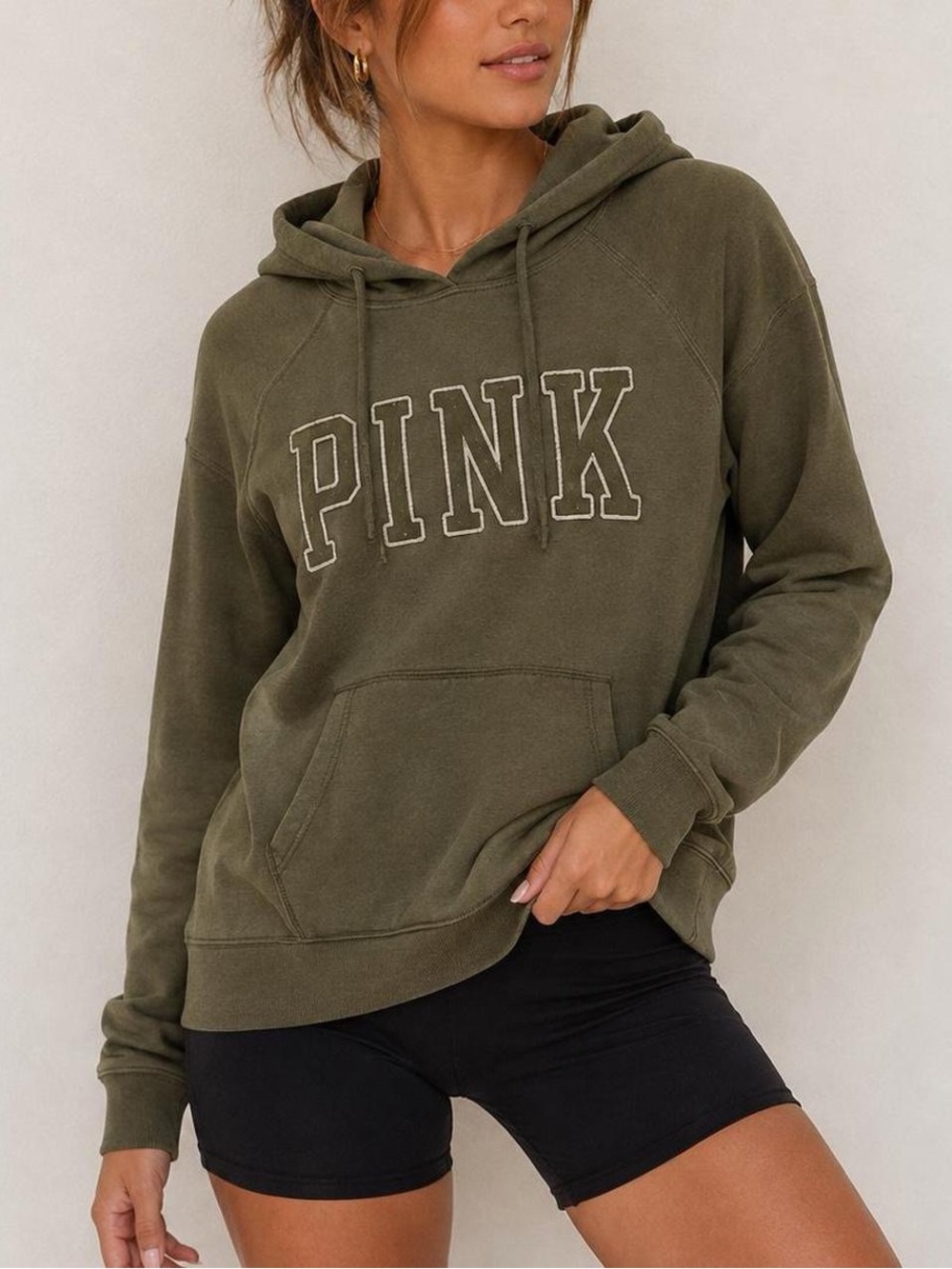 PINK Victoria's Secret Olive Green Graphic Hoodie Sweatshirt - Size S